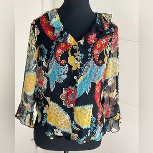 Colorful 100% 💯 Silk Sheer Floral Women's Top/coverup with flutter sleeves.